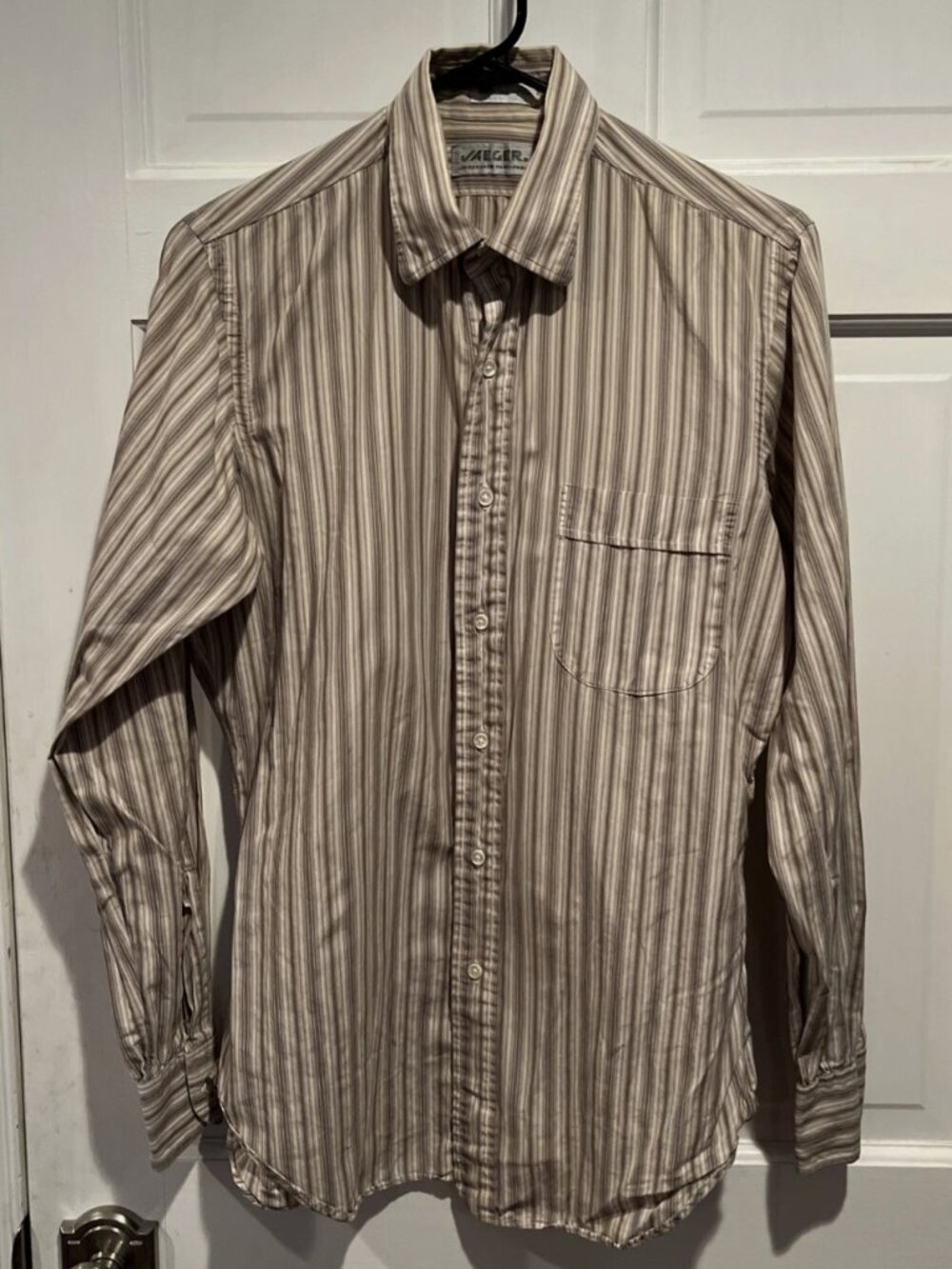 Vintages 80s Jaeger Men's Brown Blue Cotton Striped Button Up Dress Shirt 15